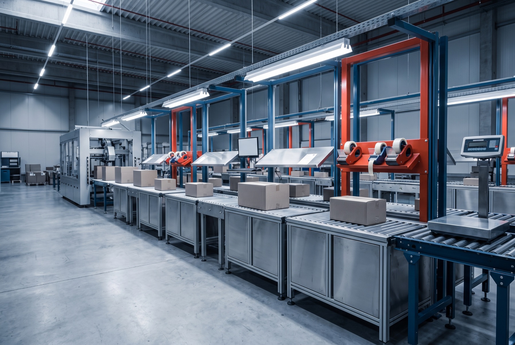 Industriële inpaklijn met dozen op rollenbaan