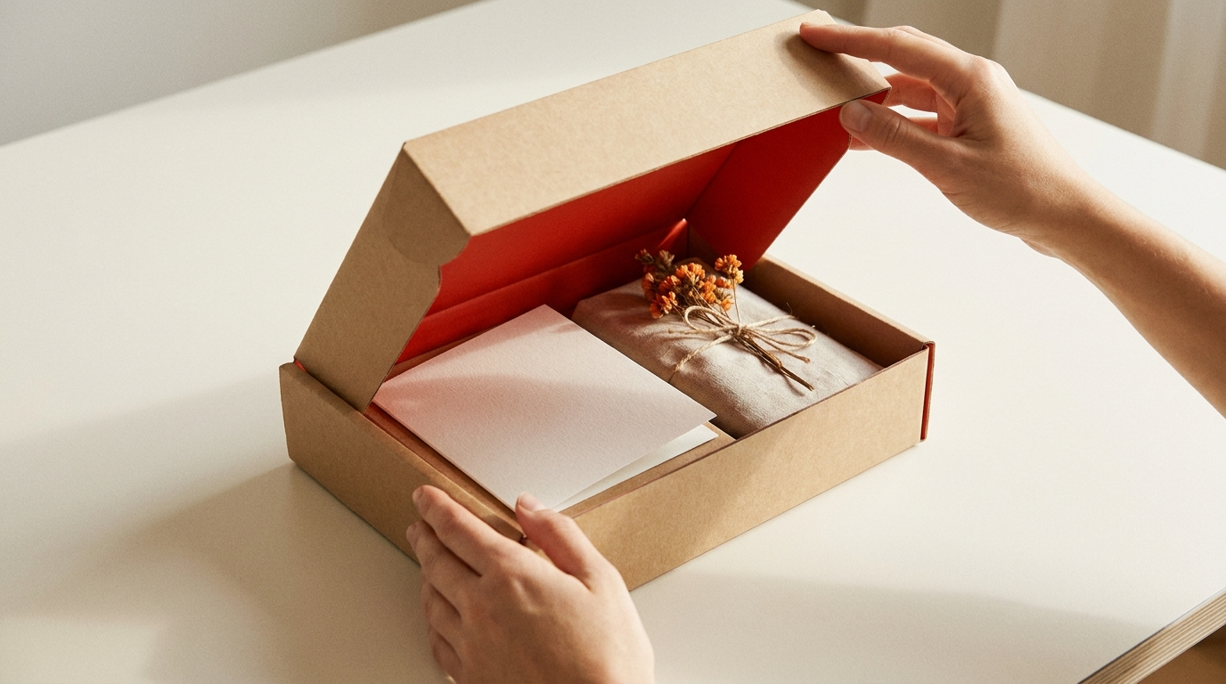 Kraft welkomstdoos met vuurrode binnenkant wordt geopend